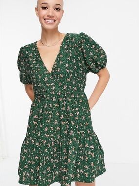 ASOS Design Green Floral V-Neck Puff Sleeve Dress